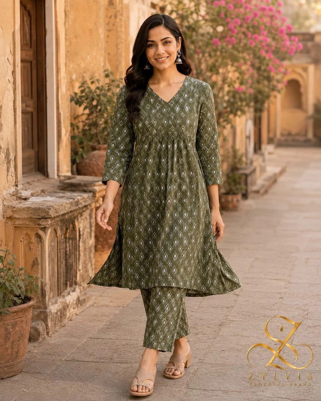 Co Ord Set For Women Viscose Printed | A Line Kurta For Woman | V Neck 3/4th Sleeve Stylish Coord Outfit Trendy Womens Clothing