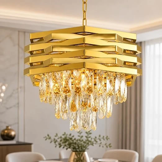 Desidiya Led Modern Crystal 400mm Golden Finish 7 Metal Square Layered 3 Tier Chandelier | Decorative Hanging False Ceiling Led Light for Living Room Ceiling Light Decorative for Drawing Room