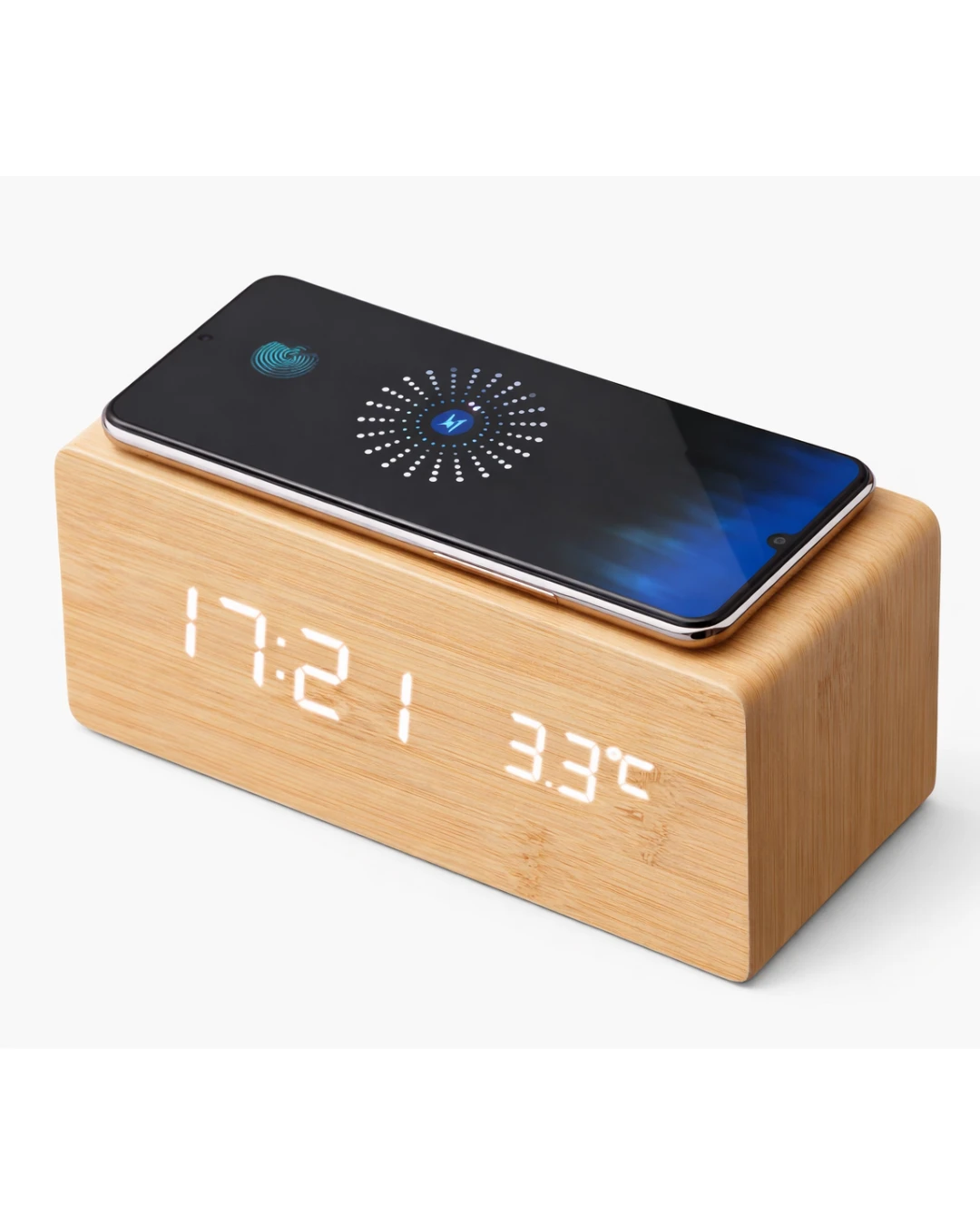 Eco Bamboo Wireless Charging Alarm Clock – Smart Corporate Desk Gift