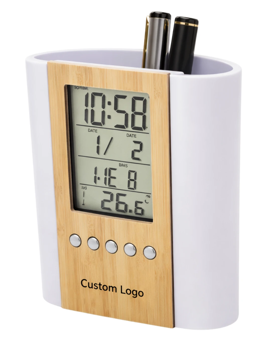 Smart Bamboo Pen Holder With Digital Clock & Calendar – Custom Logo Corporate Desk Gift