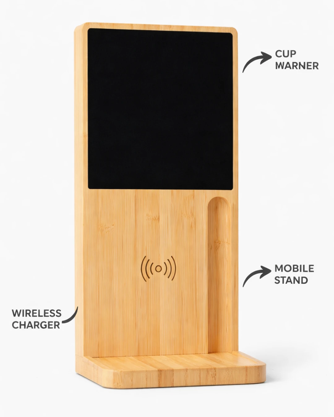 Eco Bamboo Smart Desk Station – Wireless Charger, Cup Warmer & Mobile Stand
