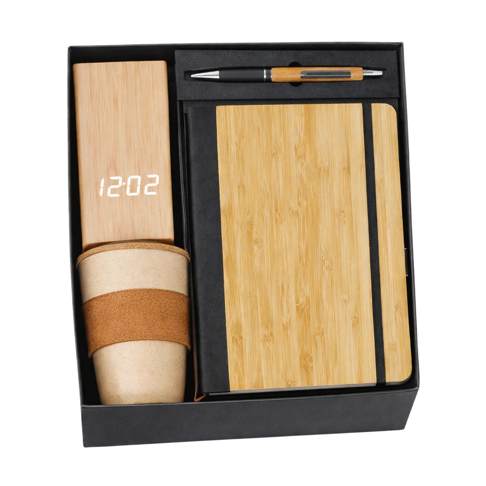 Eco-friendly Bamboo Corporate Gift Set With Led Clock, Diary, Pen & Coffee Mug