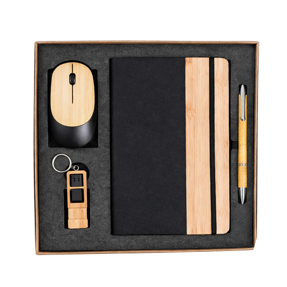 Eco-friendly Bamboo Corporate Gift Set With Diary, Wireless Mouse, Pen & Usb Keychain