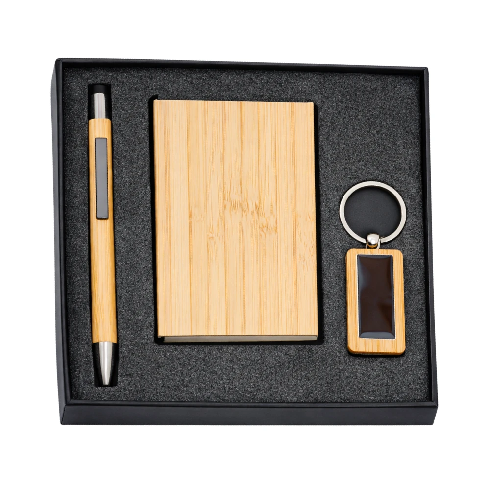 Eco-friendly Bamboo Card Holder Gift Set With Pen & Keychain
