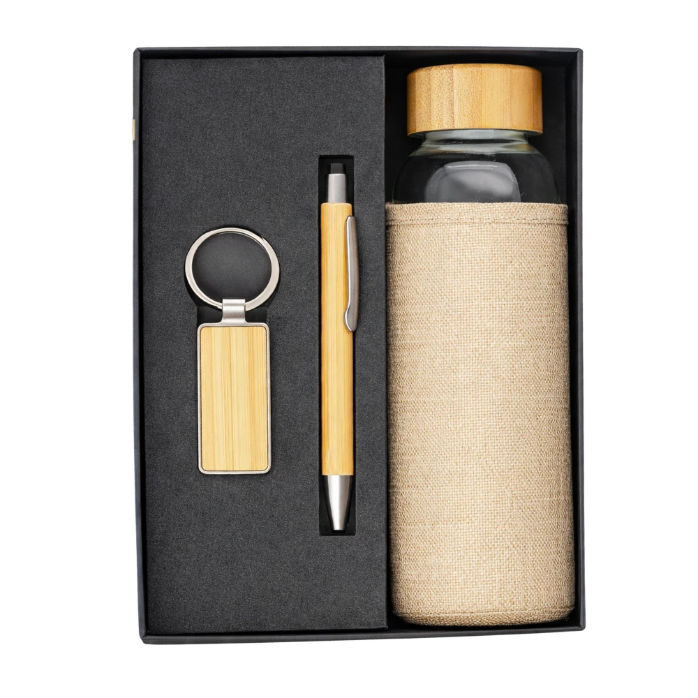 Eco-friendly Corporate Gift Set With Bamboo Bottle, Pen & Keychain