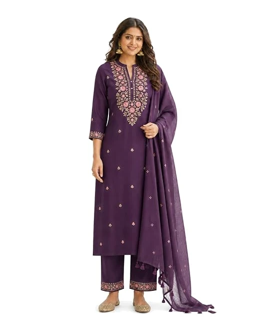 (single Product )women's Cotton Embroidery Work Straight Kurti With Pant & Mulmul Dupatta Set (purple-m)